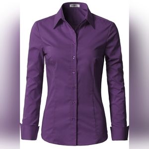 NWT Womens Basic Slim Fit Cotton Button Down Purple Shirt